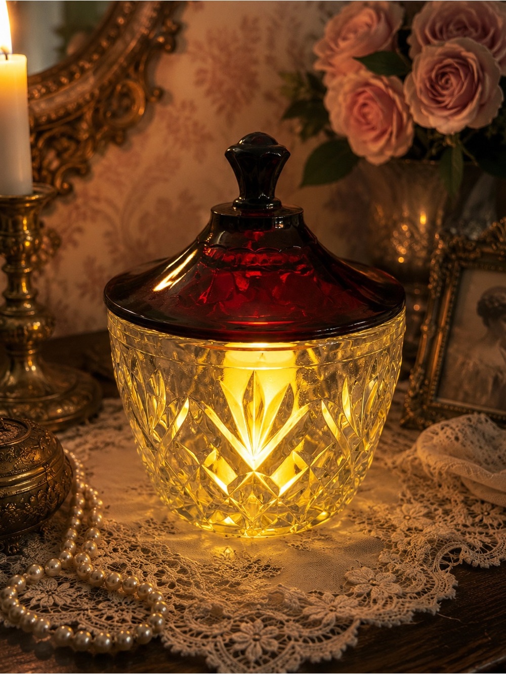 Vintage Crystal Jelly Dish with Cranberry Lid Styled as Fairy Lamp